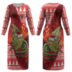 New Zealand Kakapo Christmas In July Couples Matching Long Sleeve Bodycon Dress and Long Sleeve Button Shirt Silver Fern Santa Xmas Red Color LT22