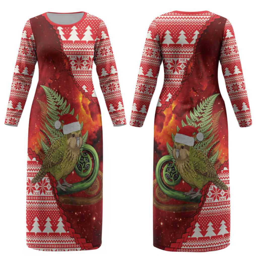 New Zealand Kakapo Christmas In July Couples Matching Long Sleeve Bodycon Dress and Long Sleeve Button Shirt Silver Fern Santa Xmas Red Color LT22