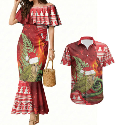 New Zealand Kakapo Christmas In July Couples Matching Mermaid Dress and Hawaiian Shirt Silver Fern Santa Xmas Red Color