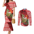 New Zealand Kakapo Christmas In July Couples Matching Mermaid Dress and Long Sleeve Button Shirt Silver Fern Santa Xmas Red Color