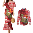 New Zealand Kakapo Christmas In July Couples Matching Mermaid Dress and Long Sleeve Button Shirt Silver Fern Santa Xmas Red Color