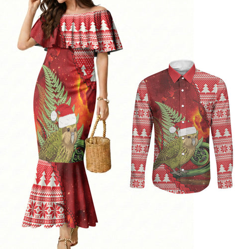 New Zealand Kakapo Christmas In July Couples Matching Mermaid Dress and Long Sleeve Button Shirt Silver Fern Santa Xmas Red Color