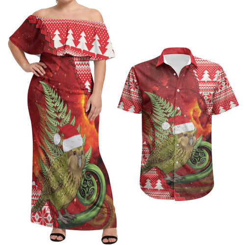 New Zealand Kakapo Christmas In July Couples Matching Off Shoulder Maxi Dress and Hawaiian Shirt Silver Fern Santa Xmas Red Color
