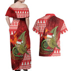 New Zealand Kakapo Christmas In July Couples Matching Off Shoulder Maxi Dress and Hawaiian Shirt Silver Fern Santa Xmas Red Color