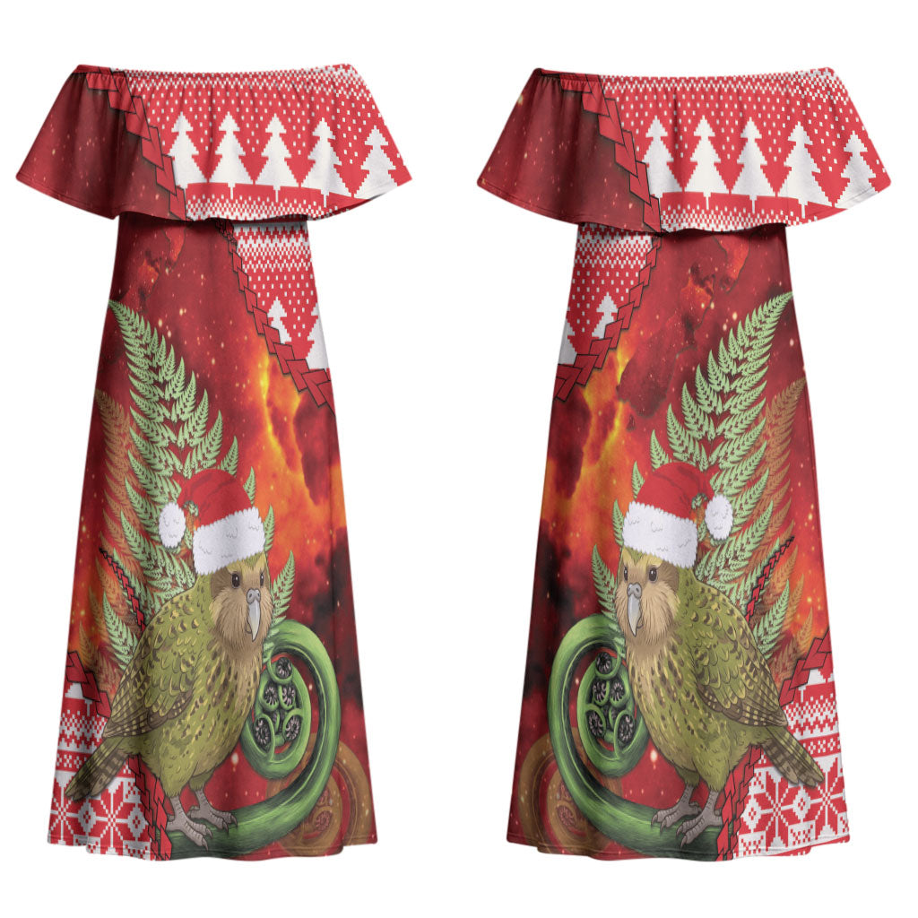 New Zealand Kakapo Christmas In July Couples Matching Off Shoulder Maxi Dress and Hawaiian Shirt Silver Fern Santa Xmas Red Color LT22