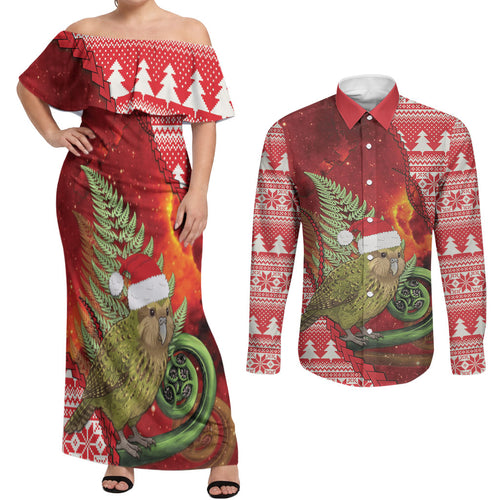 New Zealand Kakapo Christmas In July Couples Matching Off Shoulder Maxi Dress and Long Sleeve Button Shirt Silver Fern Santa Xmas Red Color