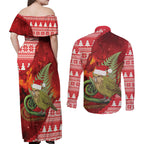 New Zealand Kakapo Christmas In July Couples Matching Off Shoulder Maxi Dress and Long Sleeve Button Shirt Silver Fern Santa Xmas Red Color