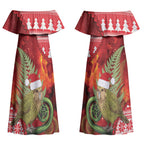 New Zealand Kakapo Christmas In July Couples Matching Off Shoulder Maxi Dress and Long Sleeve Button Shirt Silver Fern Santa Xmas Red Color LT22