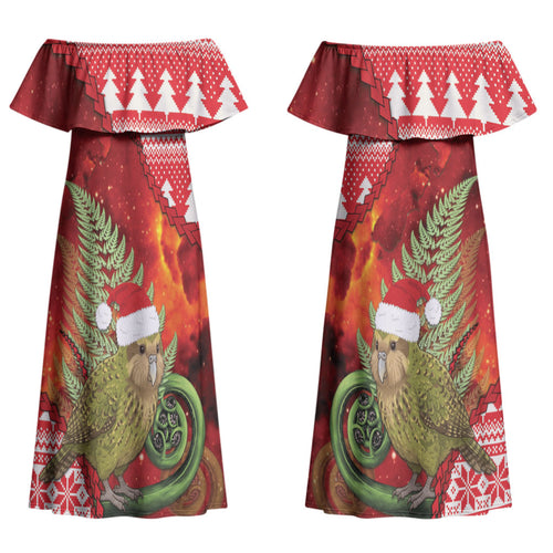 New Zealand Kakapo Christmas In July Couples Matching Off Shoulder Maxi Dress and Long Sleeve Button Shirt Silver Fern Santa Xmas Red Color LT22