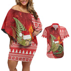 New Zealand Kakapo Christmas In July Couples Matching Off Shoulder Short Dress and Hawaiian Shirt Silver Fern Santa Xmas Red Color
