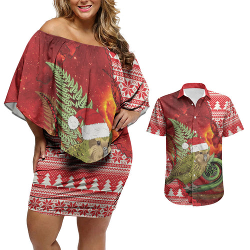 New Zealand Kakapo Christmas In July Couples Matching Off Shoulder Short Dress and Hawaiian Shirt Silver Fern Santa Xmas Red Color