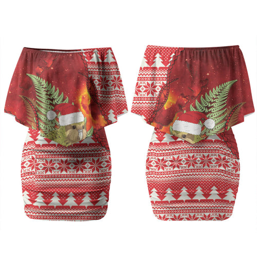 New Zealand Kakapo Christmas In July Couples Matching Off Shoulder Short Dress and Hawaiian Shirt Silver Fern Santa Xmas Red Color
