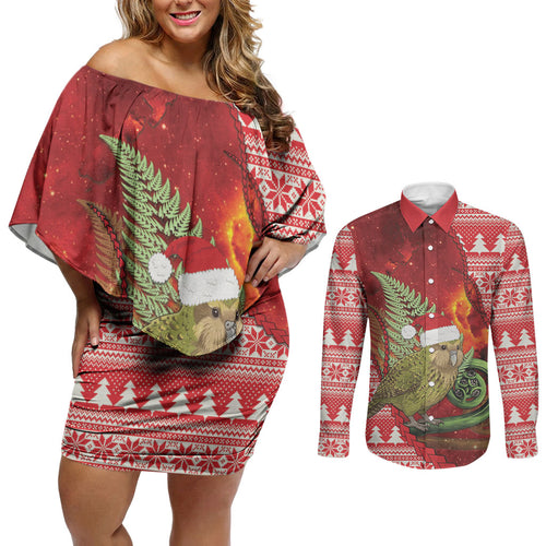 New Zealand Kakapo Christmas In July Couples Matching Off Shoulder Short Dress and Long Sleeve Button Shirt Silver Fern Santa Xmas Red Color