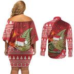 New Zealand Kakapo Christmas In July Couples Matching Off Shoulder Short Dress and Long Sleeve Button Shirt Silver Fern Santa Xmas Red Color
