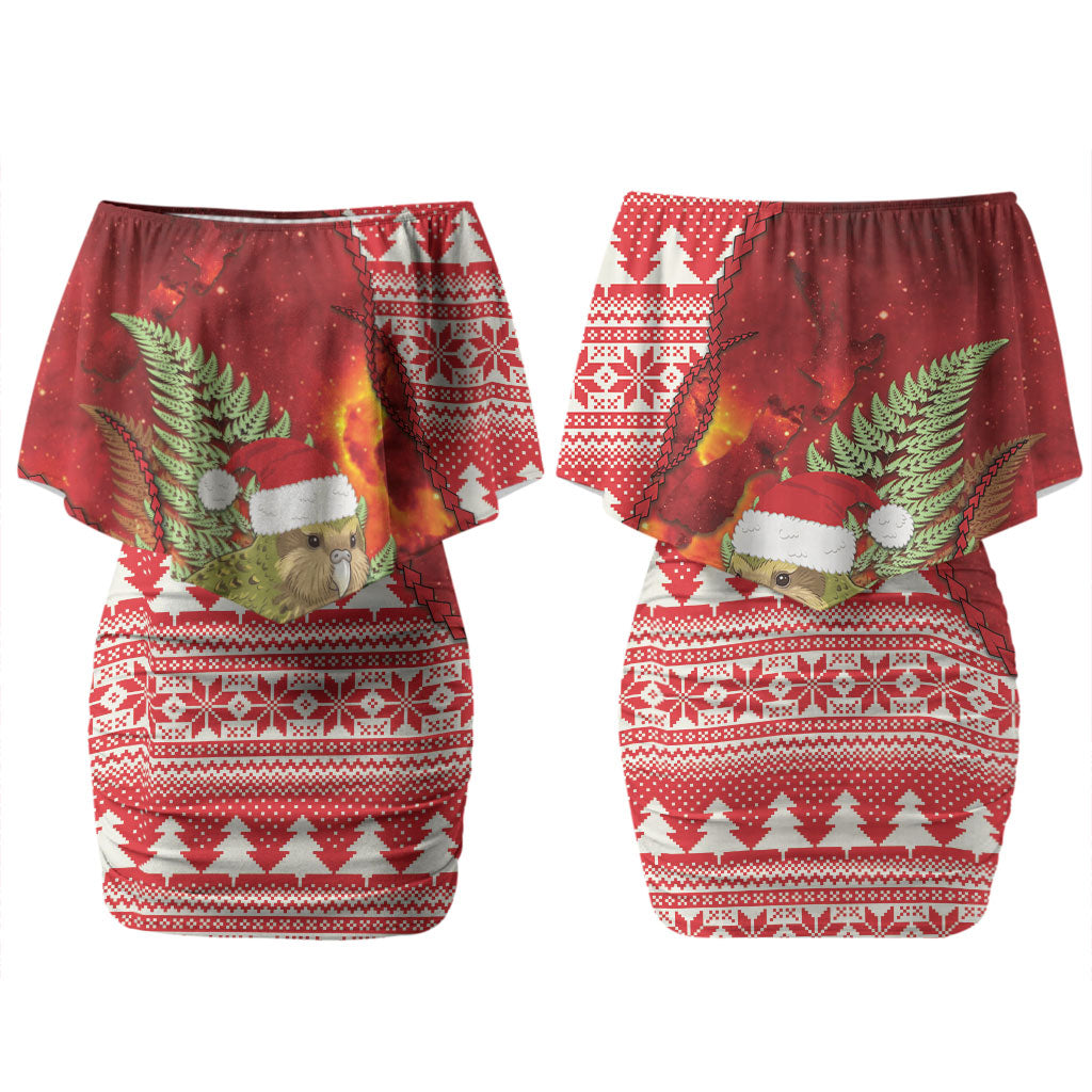 New Zealand Kakapo Christmas In July Couples Matching Off Shoulder Short Dress and Long Sleeve Button Shirt Silver Fern Santa Xmas Red Color LT22