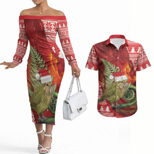 New Zealand Kakapo Christmas In July Couples Matching Off The Shoulder Long Sleeve Dress and Hawaiian Shirt Silver Fern Santa Xmas Red Color