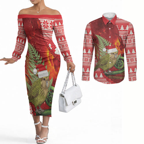 New Zealand Kakapo Christmas In July Couples Matching Off The Shoulder Long Sleeve Dress and Long Sleeve Button Shirt Silver Fern Santa Xmas Red Color