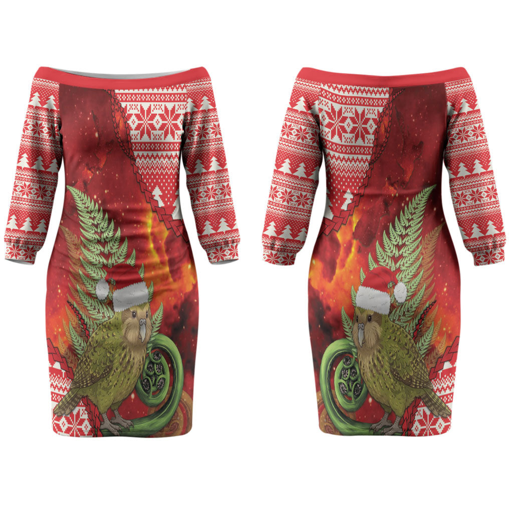 New Zealand Kakapo Christmas In July Couples Matching Off The Shoulder Long Sleeve Dress and Long Sleeve Button Shirt Silver Fern Santa Xmas Red Color LT22