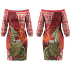 New Zealand Kakapo Christmas In July Couples Matching Off The Shoulder Long Sleeve Dress and Long Sleeve Button Shirt Silver Fern Santa Xmas Red Color LT22