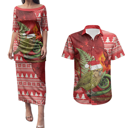 New Zealand Kakapo Christmas In July Couples Matching Puletasi and Hawaiian Shirt Silver Fern Santa Xmas Red Color