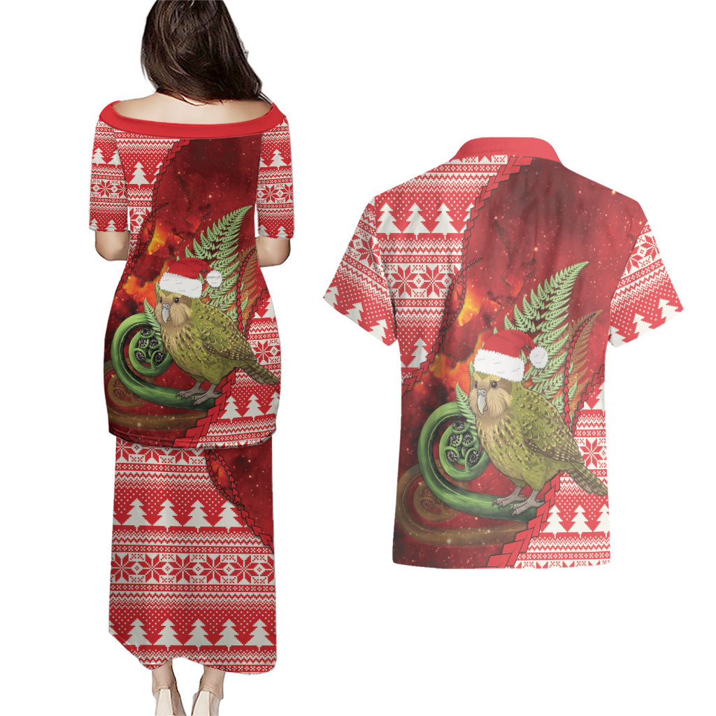 New Zealand Kakapo Christmas In July Couples Matching Puletasi and Hawaiian Shirt Silver Fern Santa Xmas Red Color