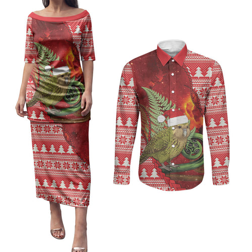 New Zealand Kakapo Christmas In July Couples Matching Puletasi and Long Sleeve Button Shirt Silver Fern Santa Xmas Red Color