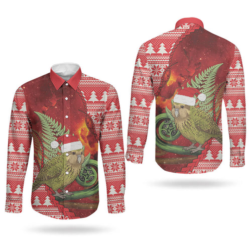 New Zealand Kakapo Christmas In July Couples Matching Puletasi and Long Sleeve Button Shirt Silver Fern Santa Xmas Red Color