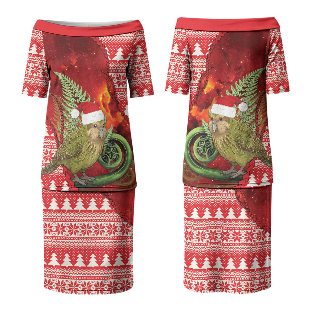 New Zealand Kakapo Christmas In July Couples Matching Puletasi and Long Sleeve Button Shirt Silver Fern Santa Xmas Red Color LT22