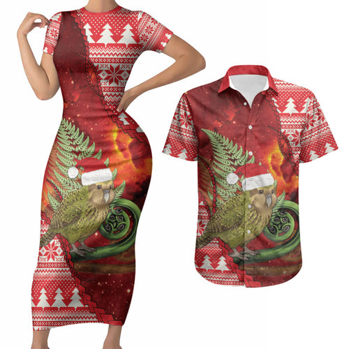 New Zealand Kakapo Christmas In July Couples Matching Short Sleeve Bodycon Dress and Hawaiian Shirt Silver Fern Santa Xmas Red Color