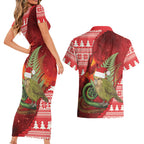 New Zealand Kakapo Christmas In July Couples Matching Short Sleeve Bodycon Dress and Hawaiian Shirt Silver Fern Santa Xmas Red Color