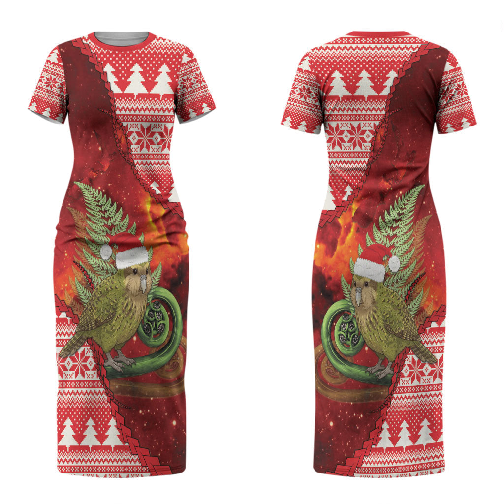 New Zealand Kakapo Christmas In July Couples Matching Short Sleeve Bodycon Dress and Hawaiian Shirt Silver Fern Santa Xmas Red Color LT22