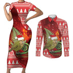 New Zealand Kakapo Christmas In July Couples Matching Short Sleeve Bodycon Dress and Long Sleeve Button Shirt Silver Fern Santa Xmas Red Color