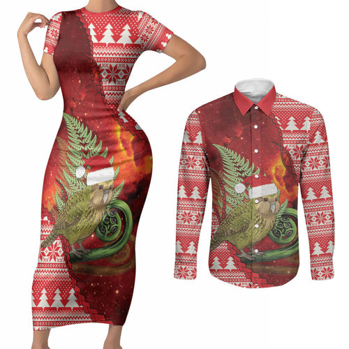 New Zealand Kakapo Christmas In July Couples Matching Short Sleeve Bodycon Dress and Long Sleeve Button Shirt Silver Fern Santa Xmas Red Color