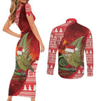 New Zealand Kakapo Christmas In July Couples Matching Short Sleeve Bodycon Dress and Long Sleeve Button Shirt Silver Fern Santa Xmas Red Color