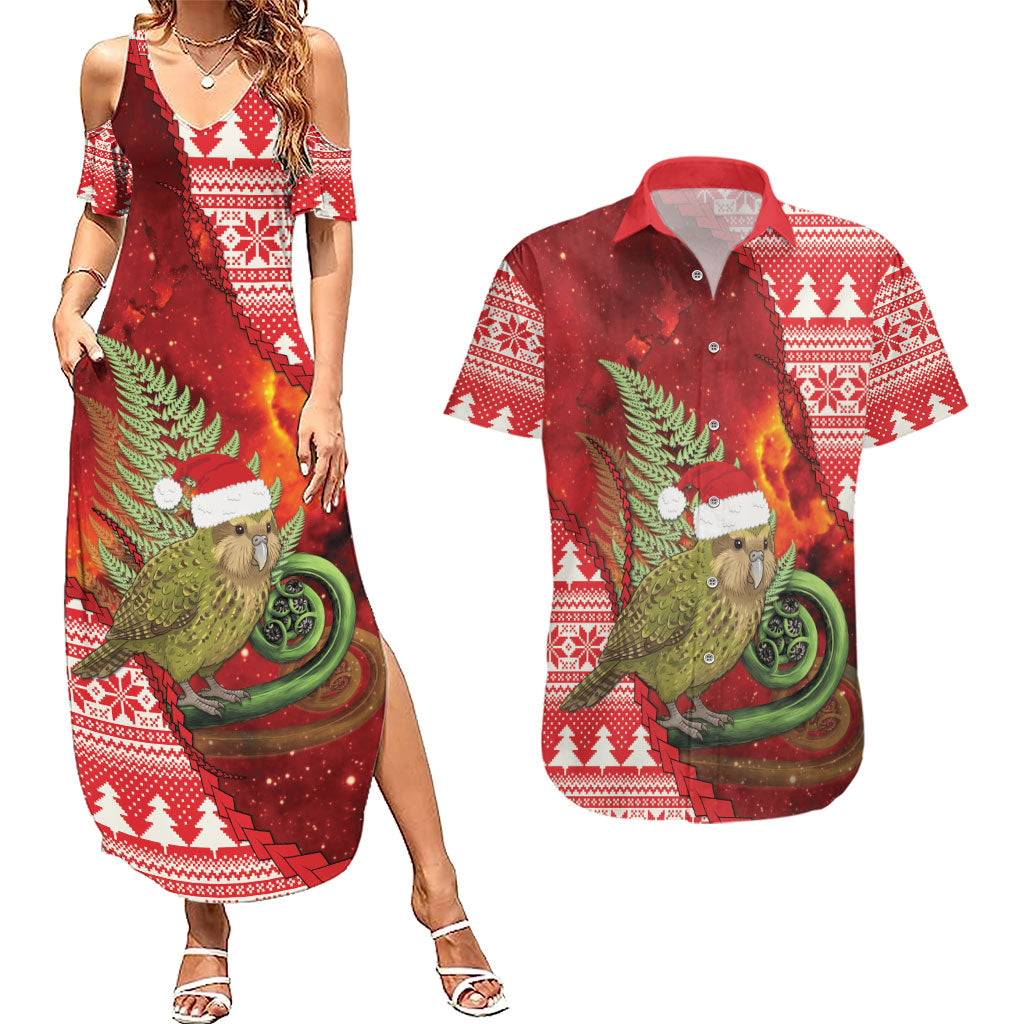 New Zealand Kakapo Christmas In July Couples Matching Summer Maxi Dress and Hawaiian Shirt Silver Fern Santa Xmas Red Color