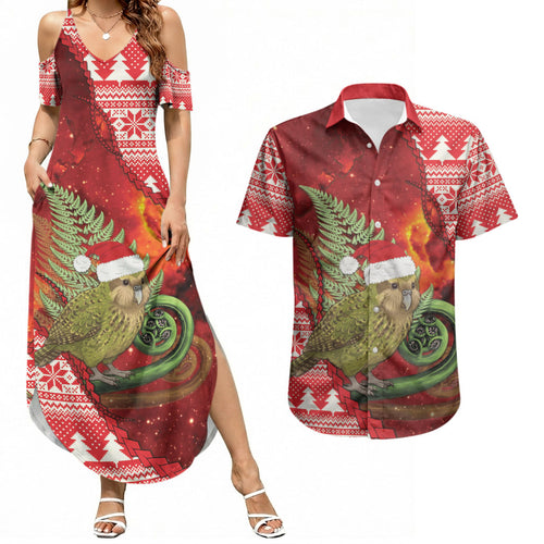 New Zealand Kakapo Christmas In July Couples Matching Summer Maxi Dress and Hawaiian Shirt Silver Fern Santa Xmas Red Color