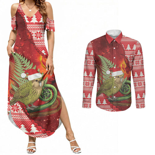 New Zealand Kakapo Christmas In July Couples Matching Summer Maxi Dress and Long Sleeve Button Shirt Silver Fern Santa Xmas Red Color