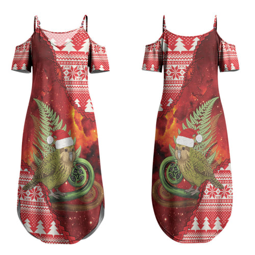 New Zealand Kakapo Christmas In July Couples Matching Summer Maxi Dress and Long Sleeve Button Shirt Silver Fern Santa Xmas Red Color LT22