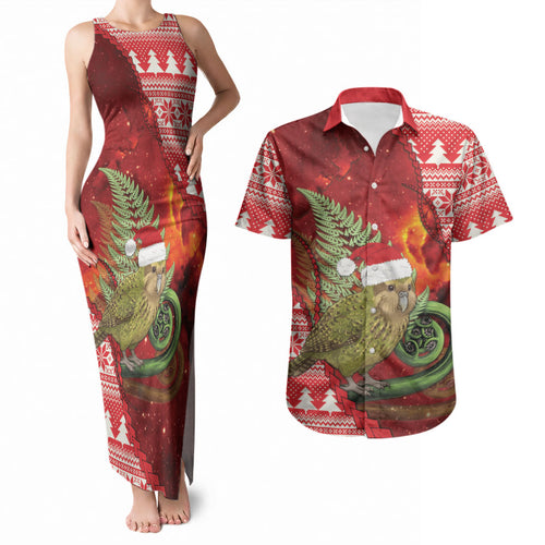 New Zealand Kakapo Christmas In July Couples Matching Tank Maxi Dress and Hawaiian Shirt Silver Fern Santa Xmas Red Color