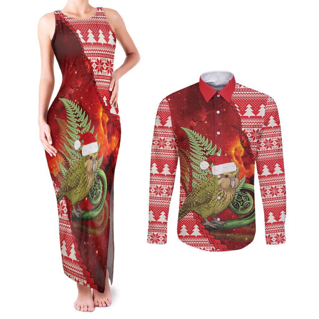 New Zealand Kakapo Christmas In July Couples Matching Tank Maxi Dress and Long Sleeve Button Shirt Silver Fern Santa Xmas Red Color