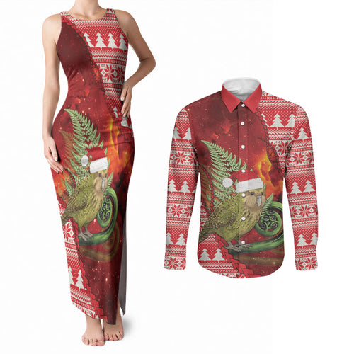 New Zealand Kakapo Christmas In July Couples Matching Tank Maxi Dress and Long Sleeve Button Shirt Silver Fern Santa Xmas Red Color