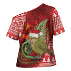 New Zealand Kakapo Christmas In July Cross Shoulder Shirt Silver Fern Santa Xmas Red Color