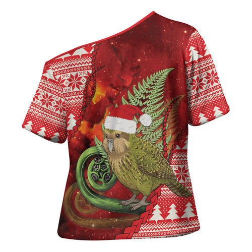 New Zealand Kakapo Christmas In July Cross Shoulder Shirt Silver Fern Santa Xmas Red Color