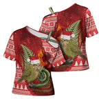 New Zealand Kakapo Christmas In July Cross Shoulder Shirt Silver Fern Santa Xmas Red Color