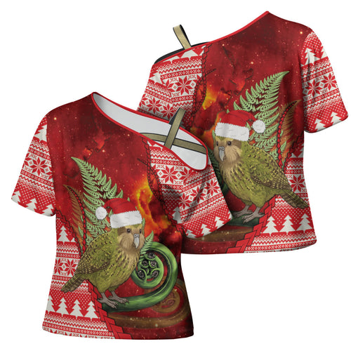 New Zealand Kakapo Christmas In July Cross Shoulder Shirt Silver Fern Santa Xmas Red Color