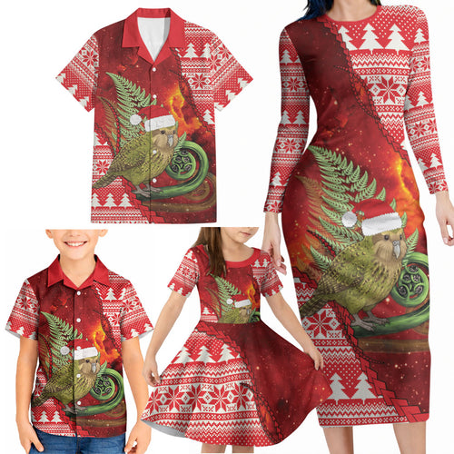 New Zealand Kakapo Christmas In July Family Matching Long Sleeve Bodycon Dress and Hawaiian Shirt Silver Fern Santa Xmas Red Color