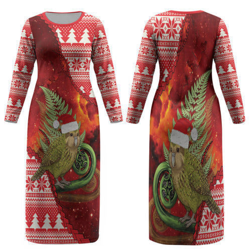 New Zealand Kakapo Christmas In July Family Matching Long Sleeve Bodycon Dress and Hawaiian Shirt Silver Fern Santa Xmas Red Color