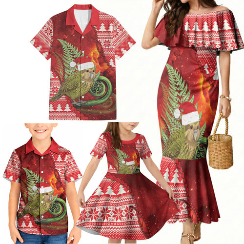 New Zealand Kakapo Christmas In July Family Matching Mermaid Dress and Hawaiian Shirt Silver Fern Santa Xmas Red Color