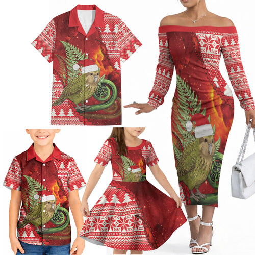 New Zealand Kakapo Christmas In July Family Matching Off The Shoulder Long Sleeve Dress and Hawaiian Shirt Silver Fern Santa Xmas Red Color