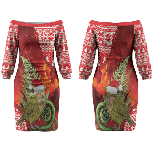 New Zealand Kakapo Christmas In July Family Matching Off The Shoulder Long Sleeve Dress and Hawaiian Shirt Silver Fern Santa Xmas Red Color